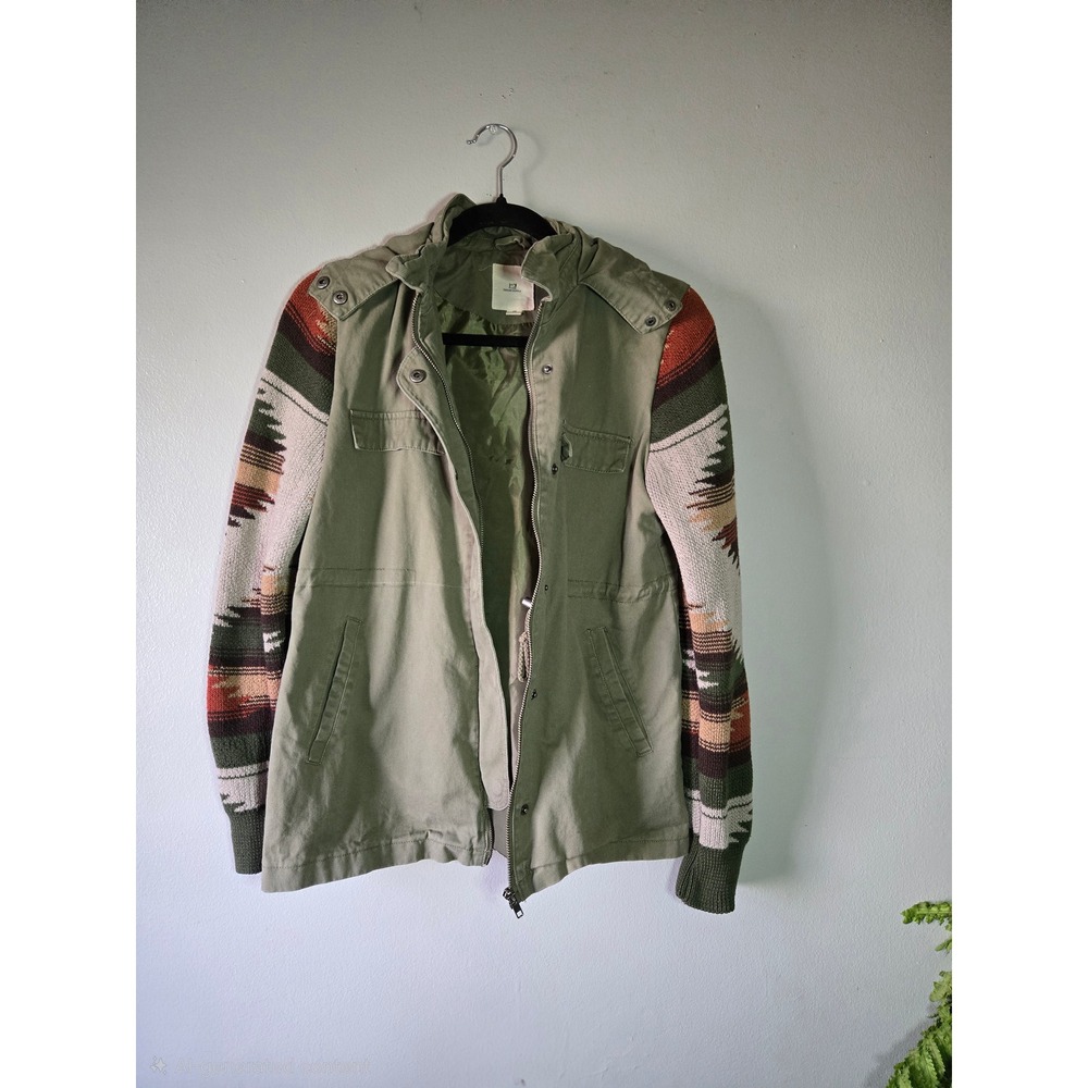 Thread & Supply Olive Utility Jacket Aztec Knit Sleeves Hooded XS
